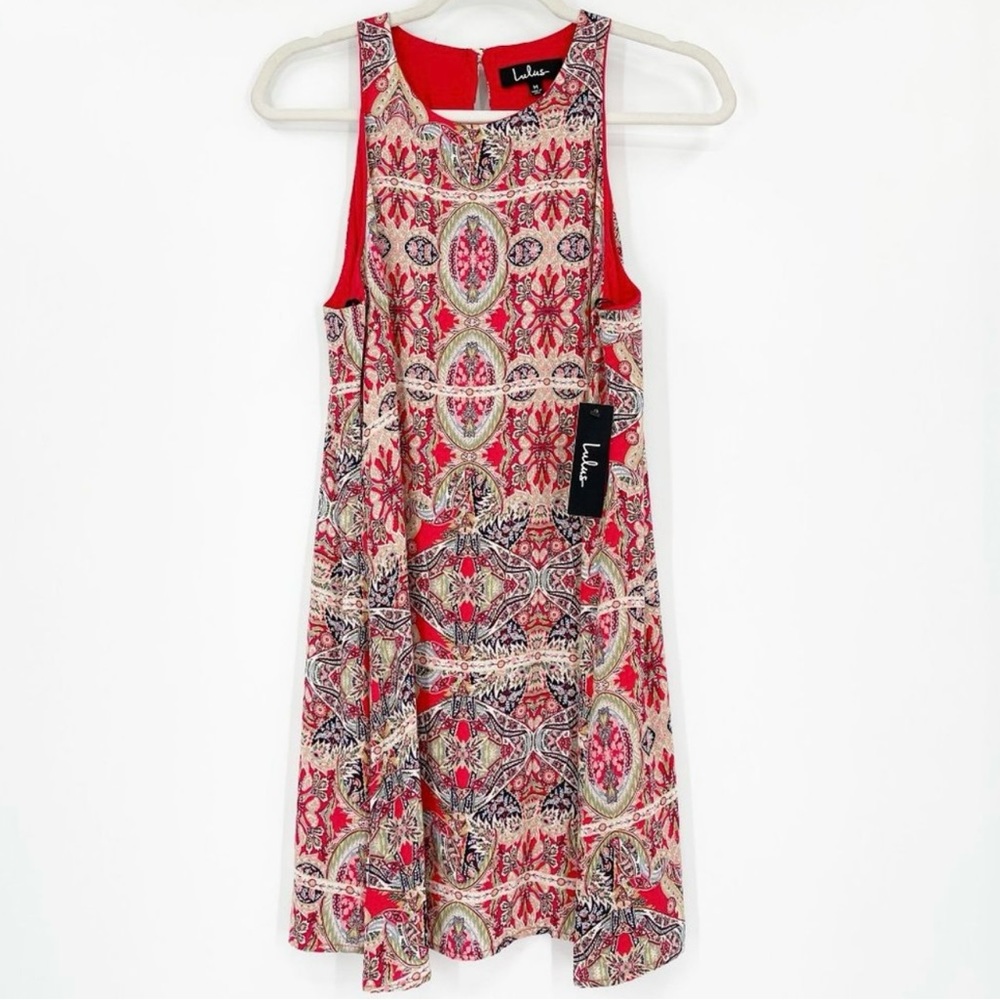 New Lulu’s Mini Dress Women’s Medium Major Red Colorful Boho Print Swing Summer
